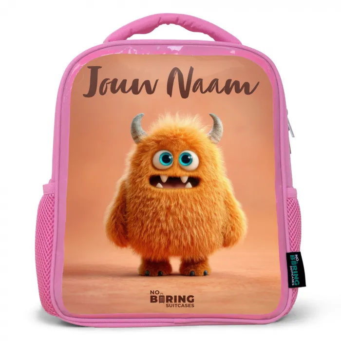 Oranje Pluizig Monster met Hoorns Kinderrugzak - Roze middel -3d