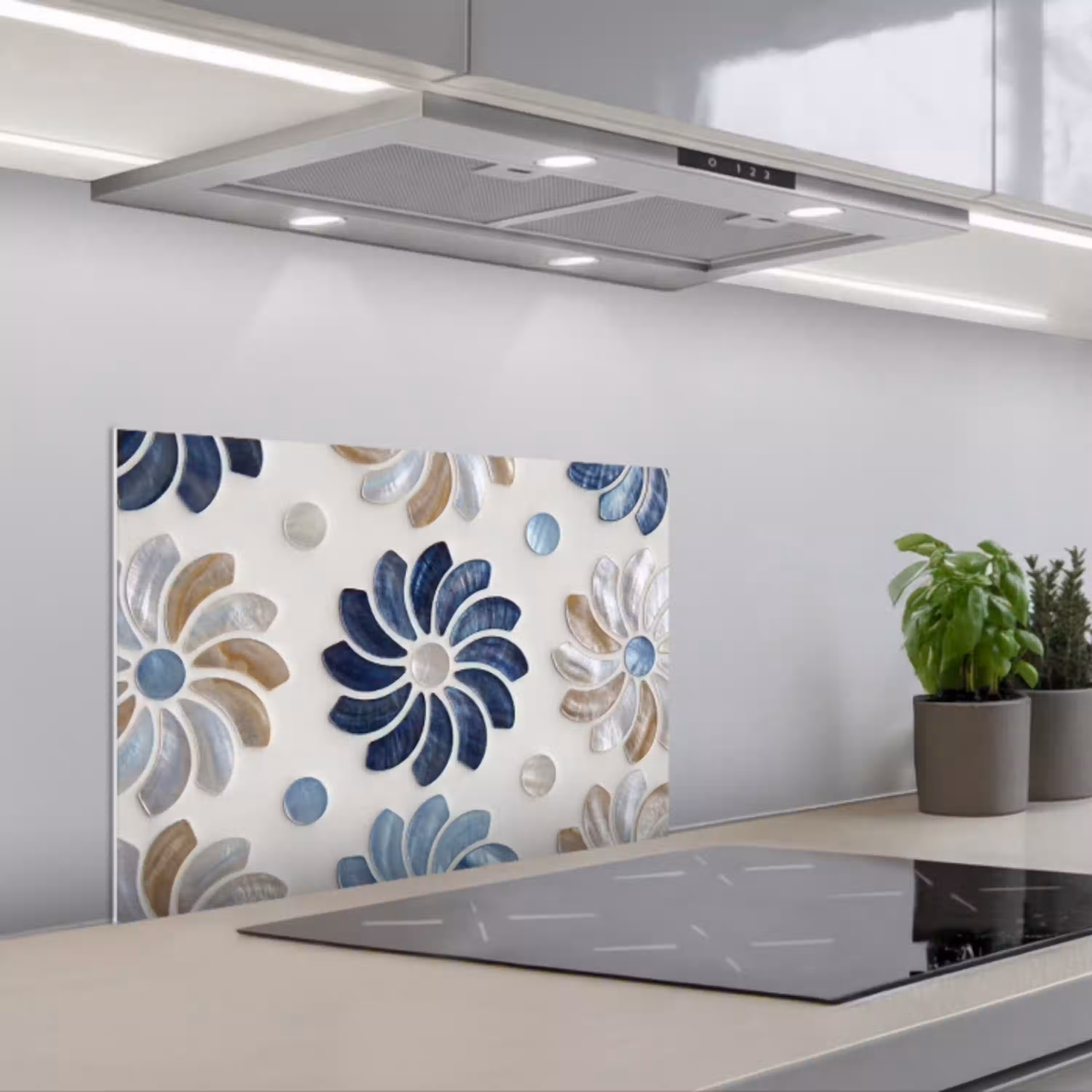 Bloemen - Parelmoer - Abstract - Patroon - Blauw keuken achterwand spatscherm klein -3d_schuin