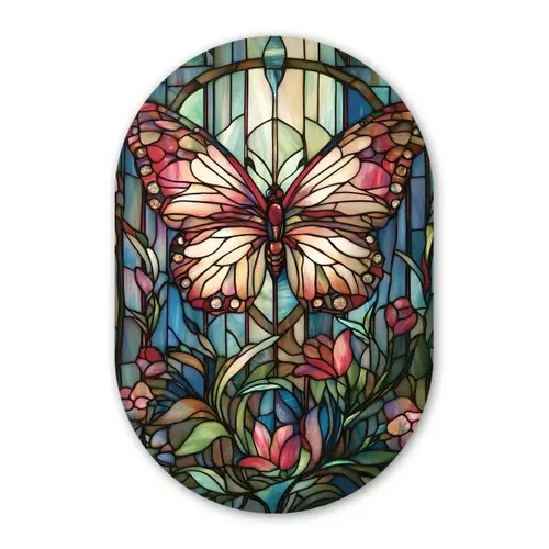 Vlinder - Roze - Bloemen - Bladeren Wandcirkel Ovaal Forex klein -3d