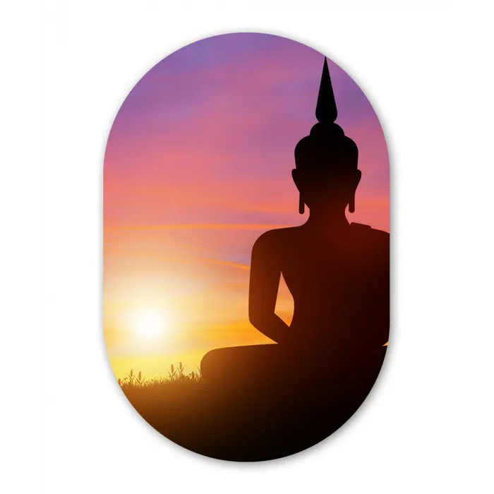 Zonsondergang - Horizon - Boeddha beeld - Buddha -  Silhouette Wandcirkel Ovaal Forex klein -3d