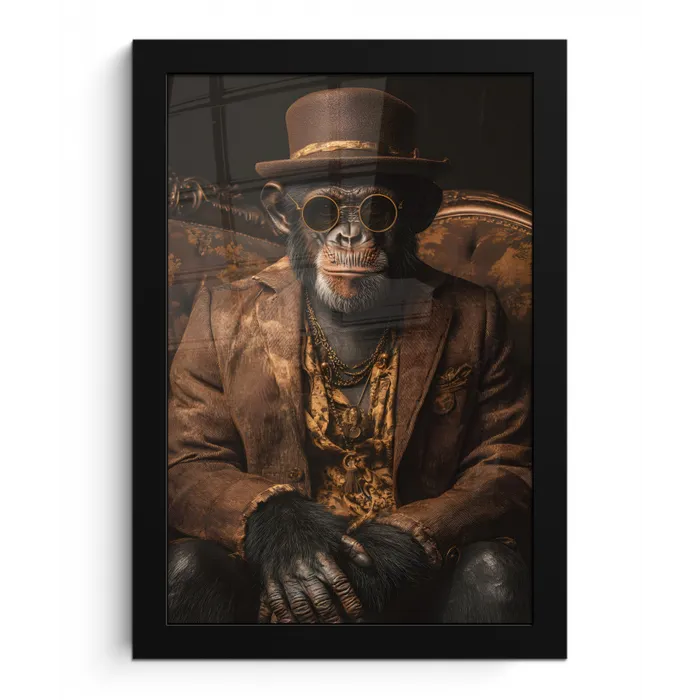 Chimpansee - Stoel - Pak - Bruin fotolijst zwart zonder passe partout klein -3d