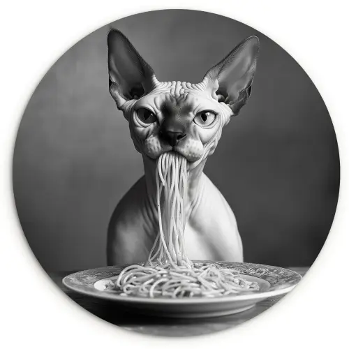 Sphynx - Kat - Dieren - Humor - Spaghetti - Zwart Wit Wandcirkel plexiglas klein -3d