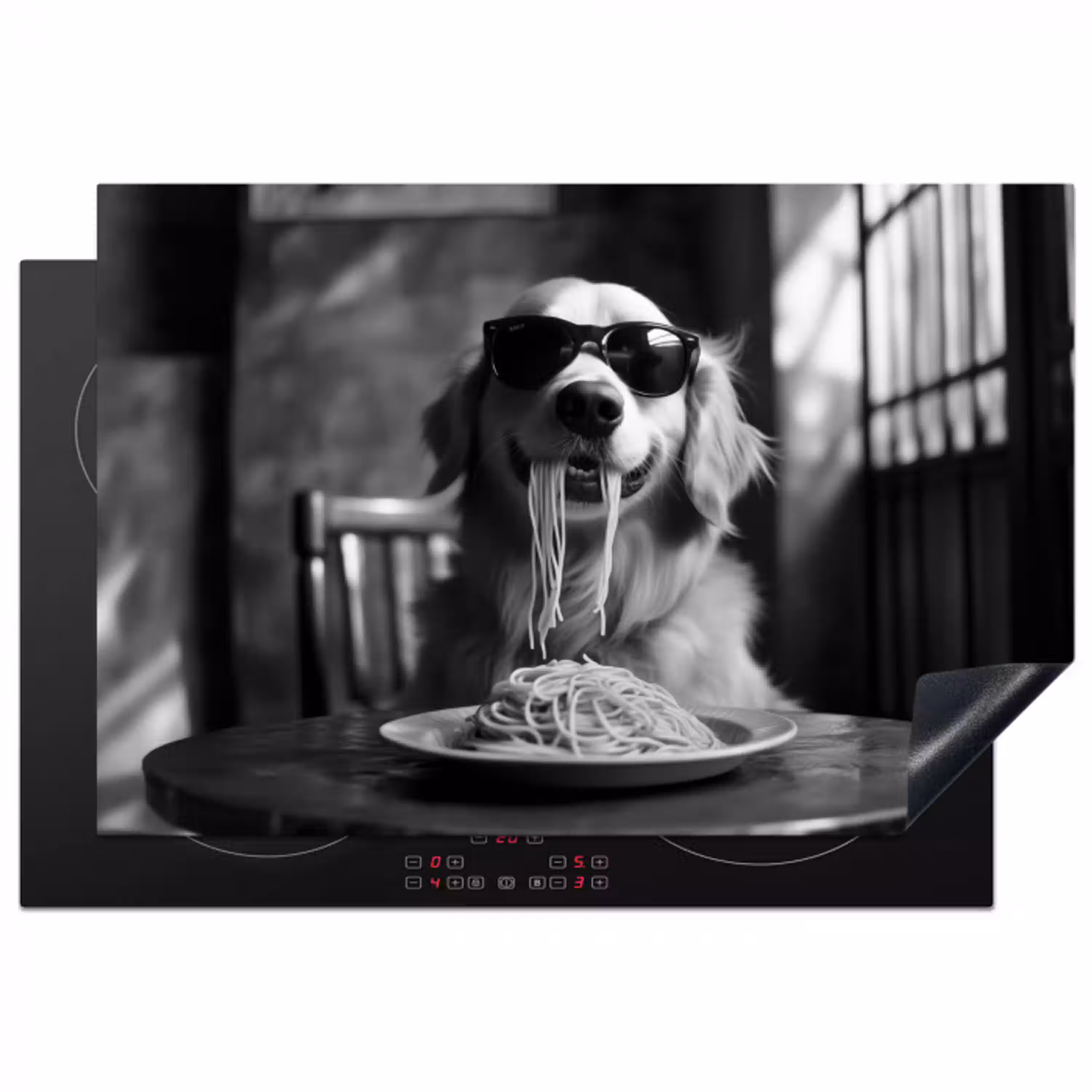 Golden Retriever - Hond - Vrolijk -  Bord spaghetti - Zwart - wit Inductie beschermer vinyl 3mm klein -3d