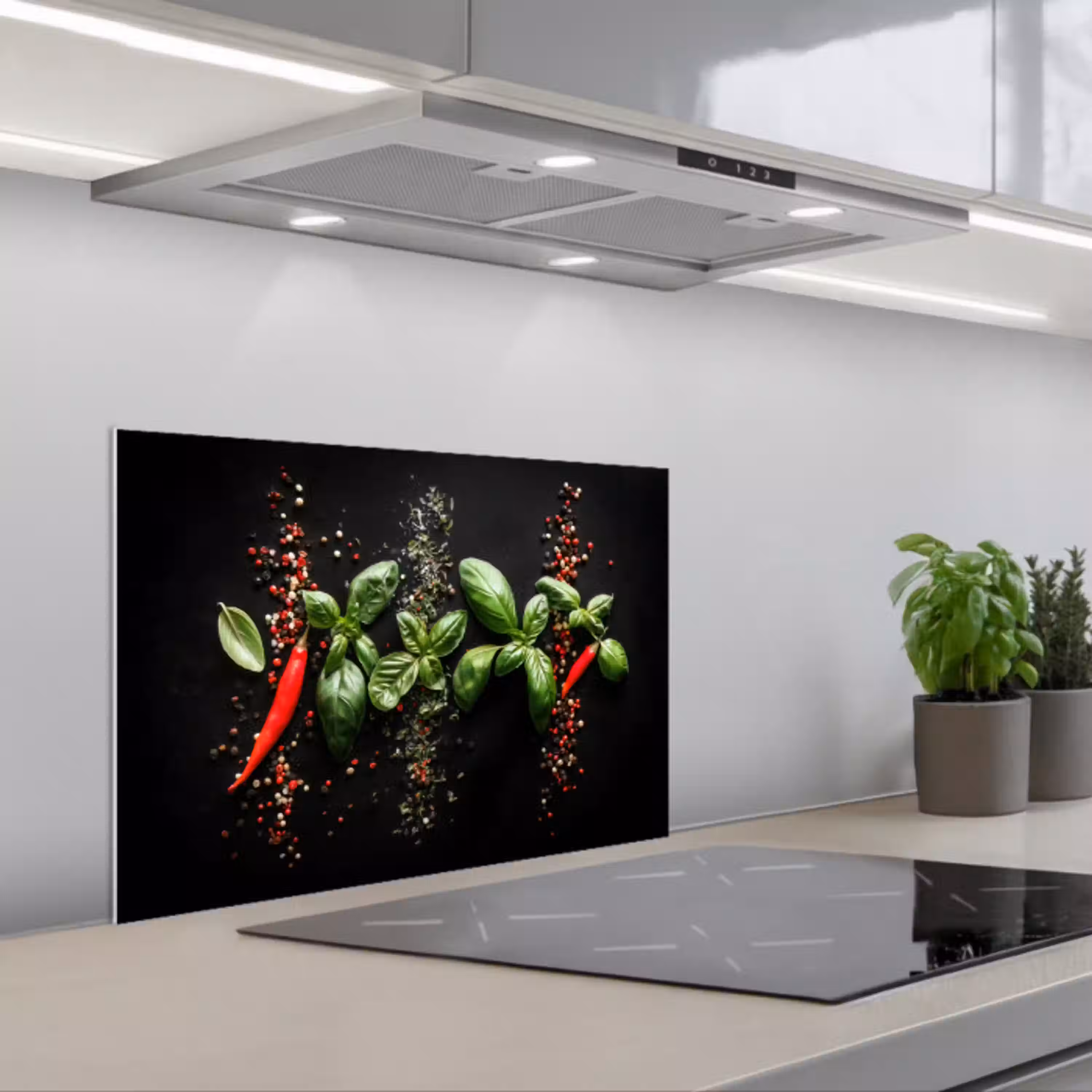 Chilipepers - Basilicum - Blaadjes - Rood keuken achterwand spatscherm klein -3d_schuin