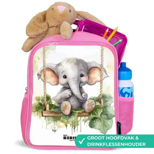 Jong olifantje op een schommel waterverf tekening Kinderrugzak - Roze middel -inhoud_NL