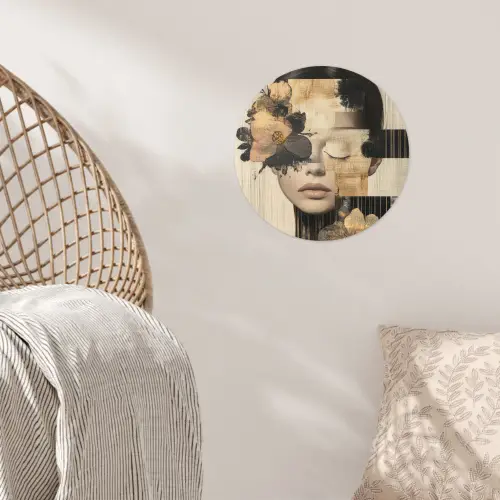 Gezicht - Bloemen - Zwart - Vrouw Wandcirkel behangsticker klein -sfeer4
