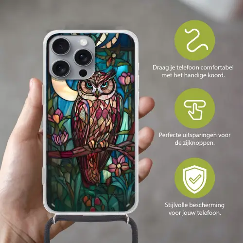 Uil - Mozaïek - Maan - Nacht Hoesje iPhone 16 Pro Max met koord klein -sfeer2_NL