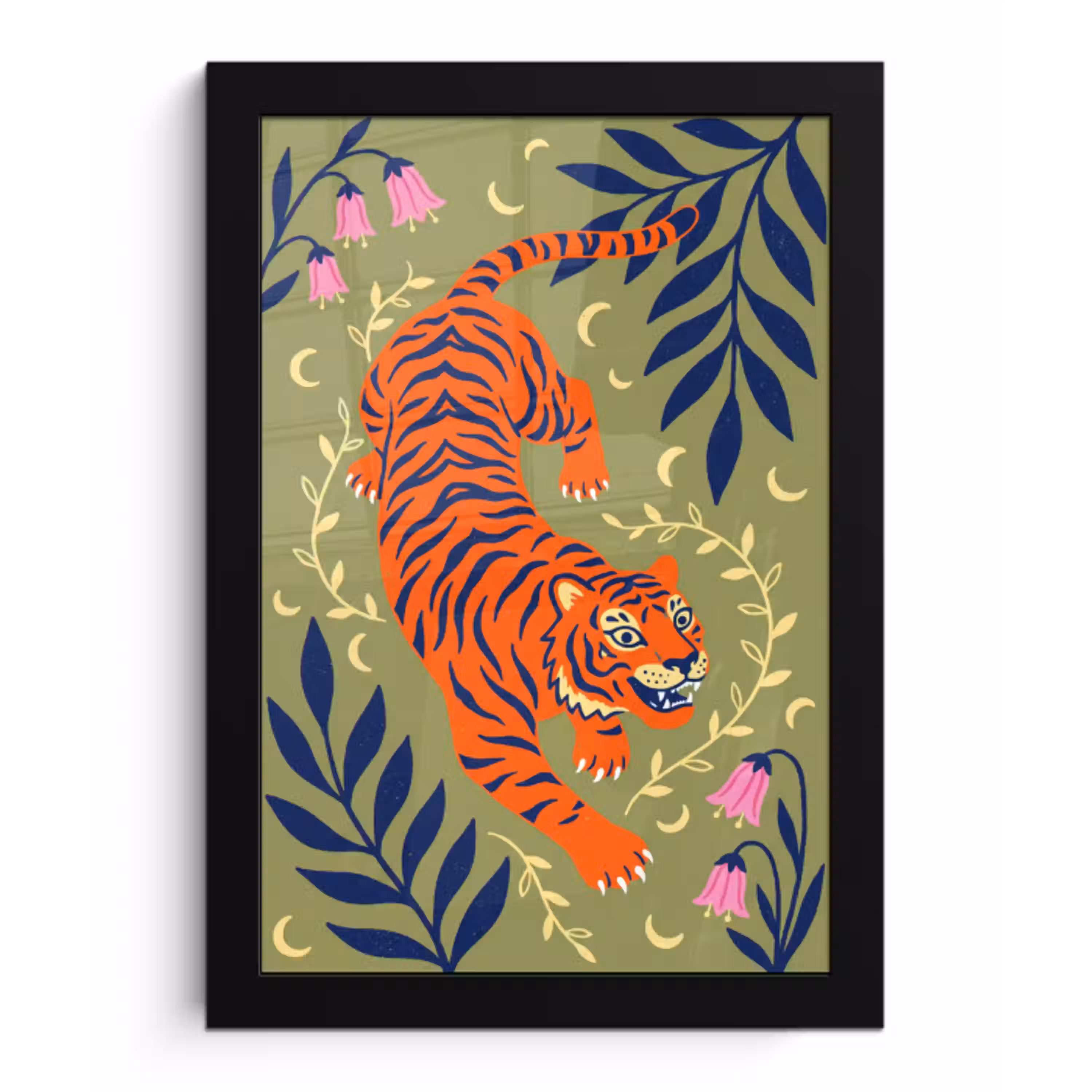 Tijger - Bladeren - Dieren - Illustratie - Oranje fotolijst zwart zonder passe partout klein -3d