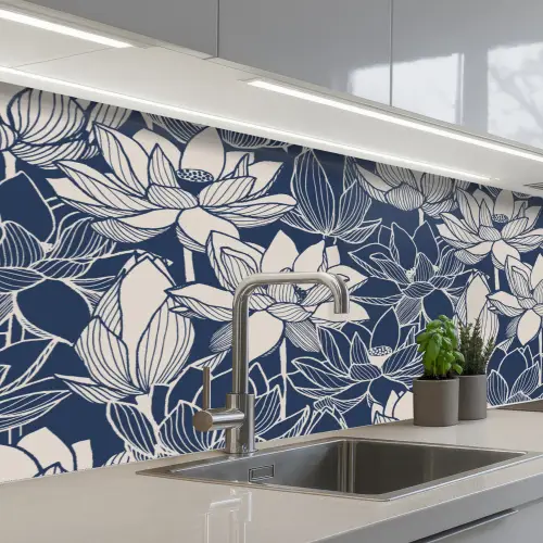 Lotus - Blauw - Patronen keuken achterwand 2 middel 871 -3d_schuin