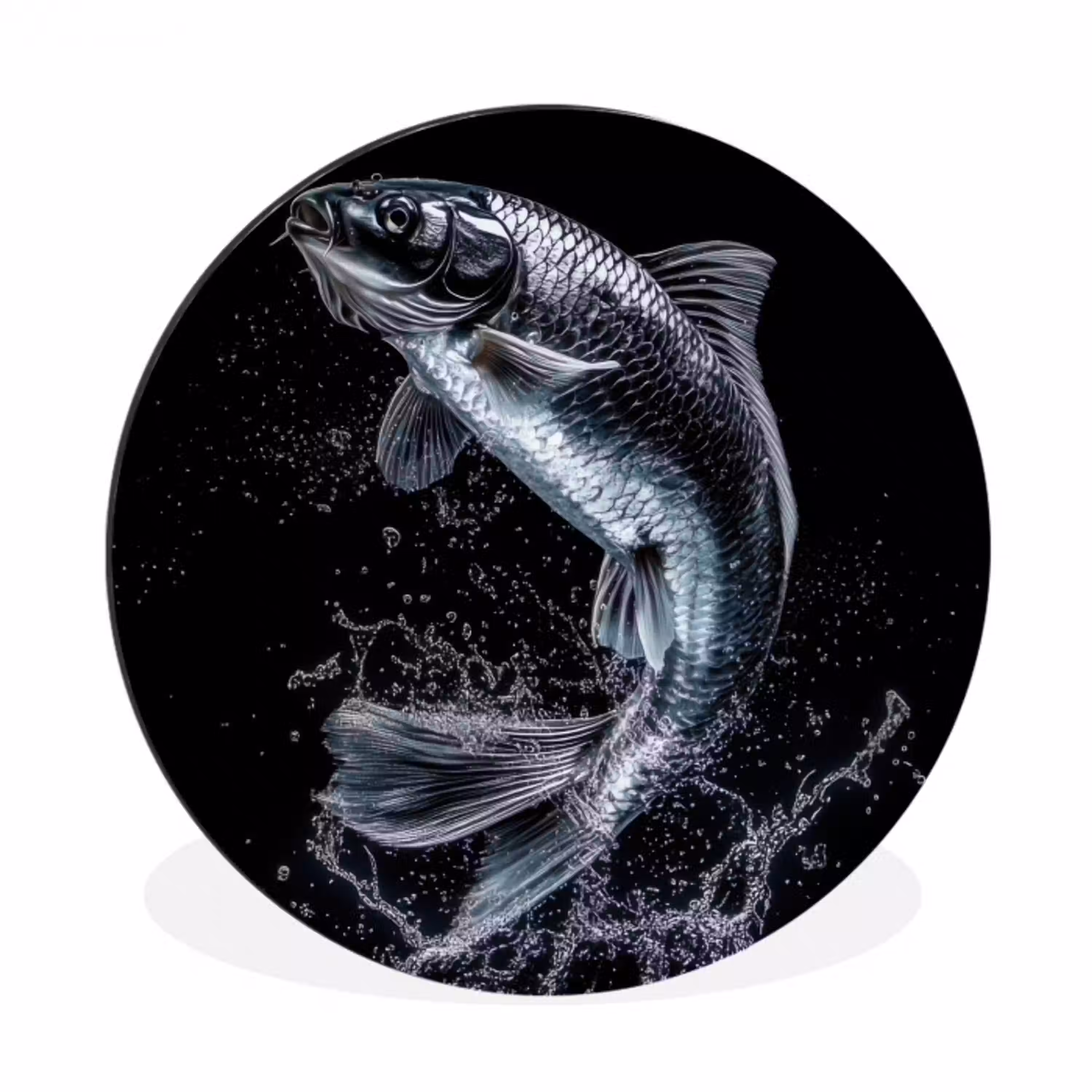 Vis - Koi - Zwart - Water Wandcirkel aluminium klein -3d