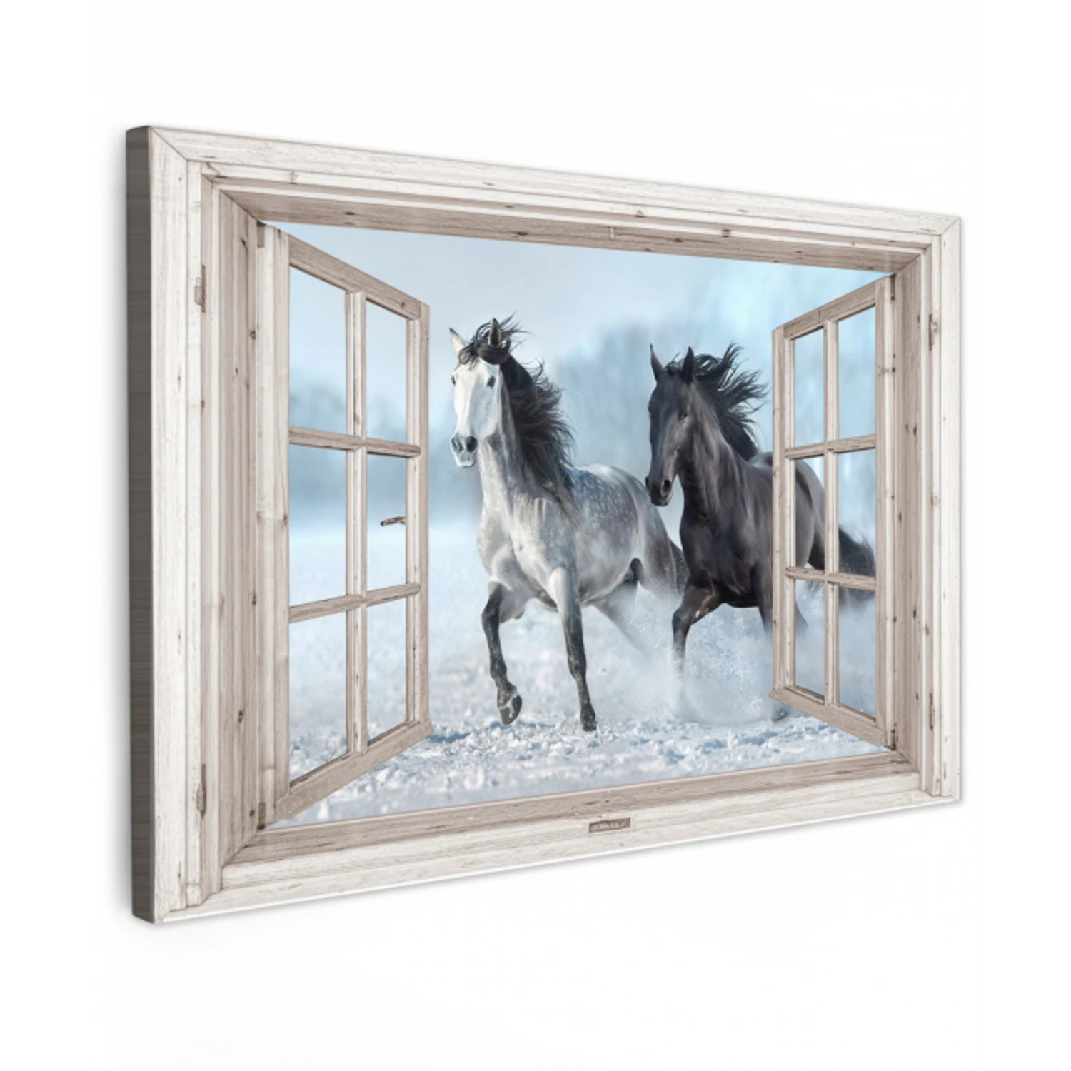 Doorkijk - Paarden - Winter - Dieren - Natuur - Wit Tuinposter op houten frame 2 cm dik klein -3d