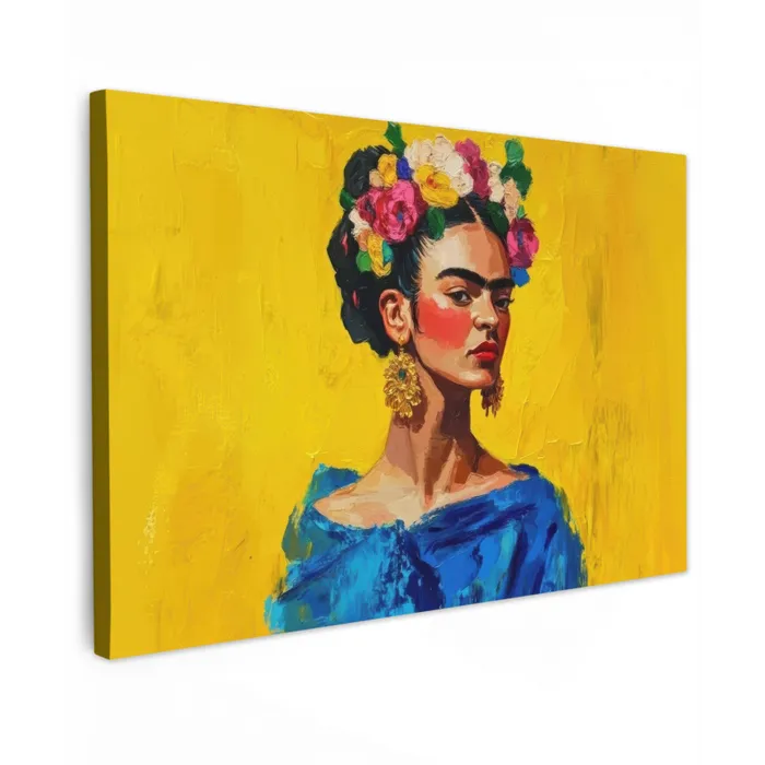 Frida Kahlo - Vrouw - Geel - Blauw - Bloemen Tuinposter op houten frame 2 cm dik klein -3d