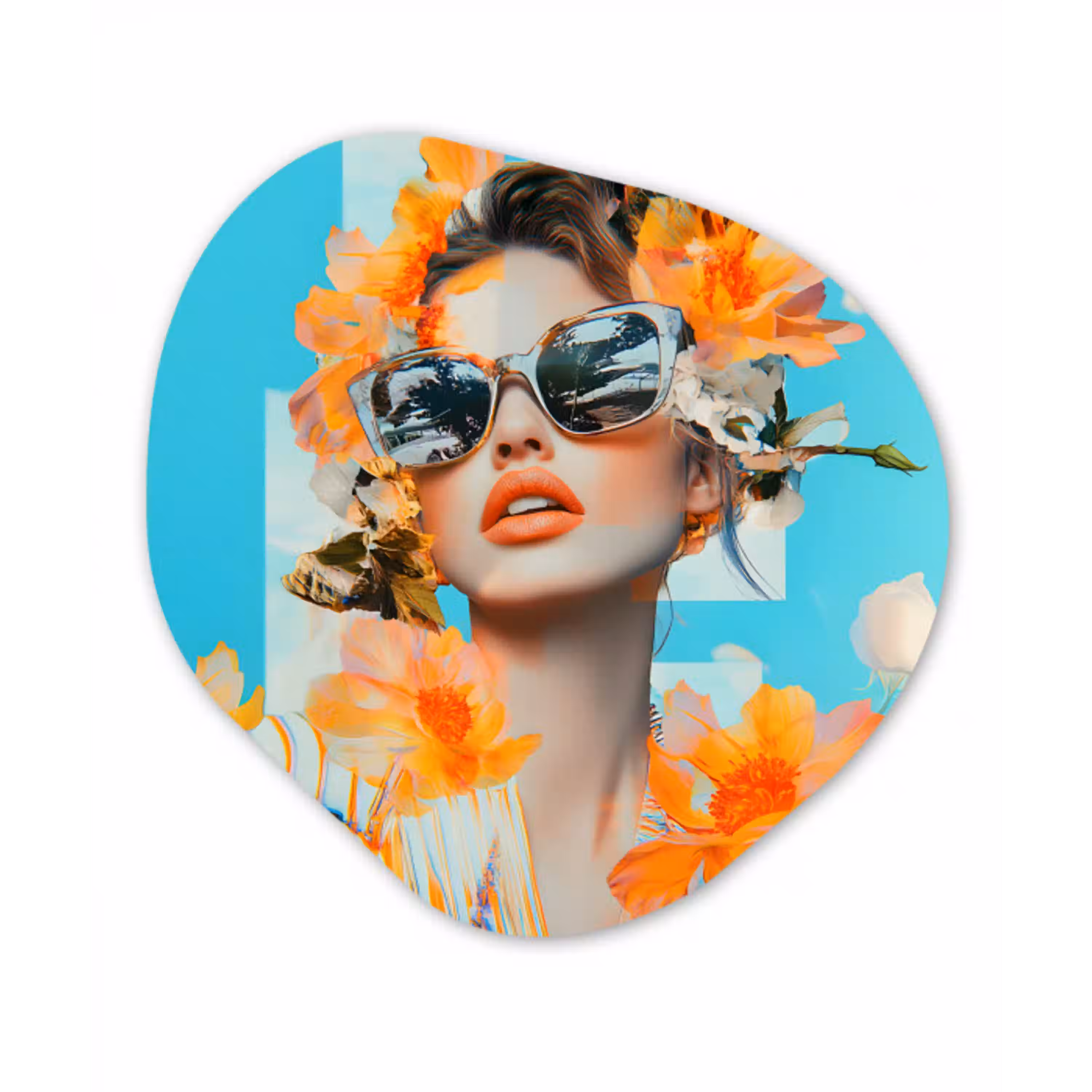 Bloemen - Vrouw - Zonnebril - Blauw Wandcirkel Organisch Plexiglas middel -3d