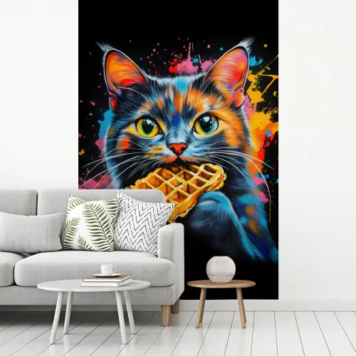 Kat - Graffiti - Kleurrijk - Wafel - Eten fotobehang vinyl groot -woonkamer