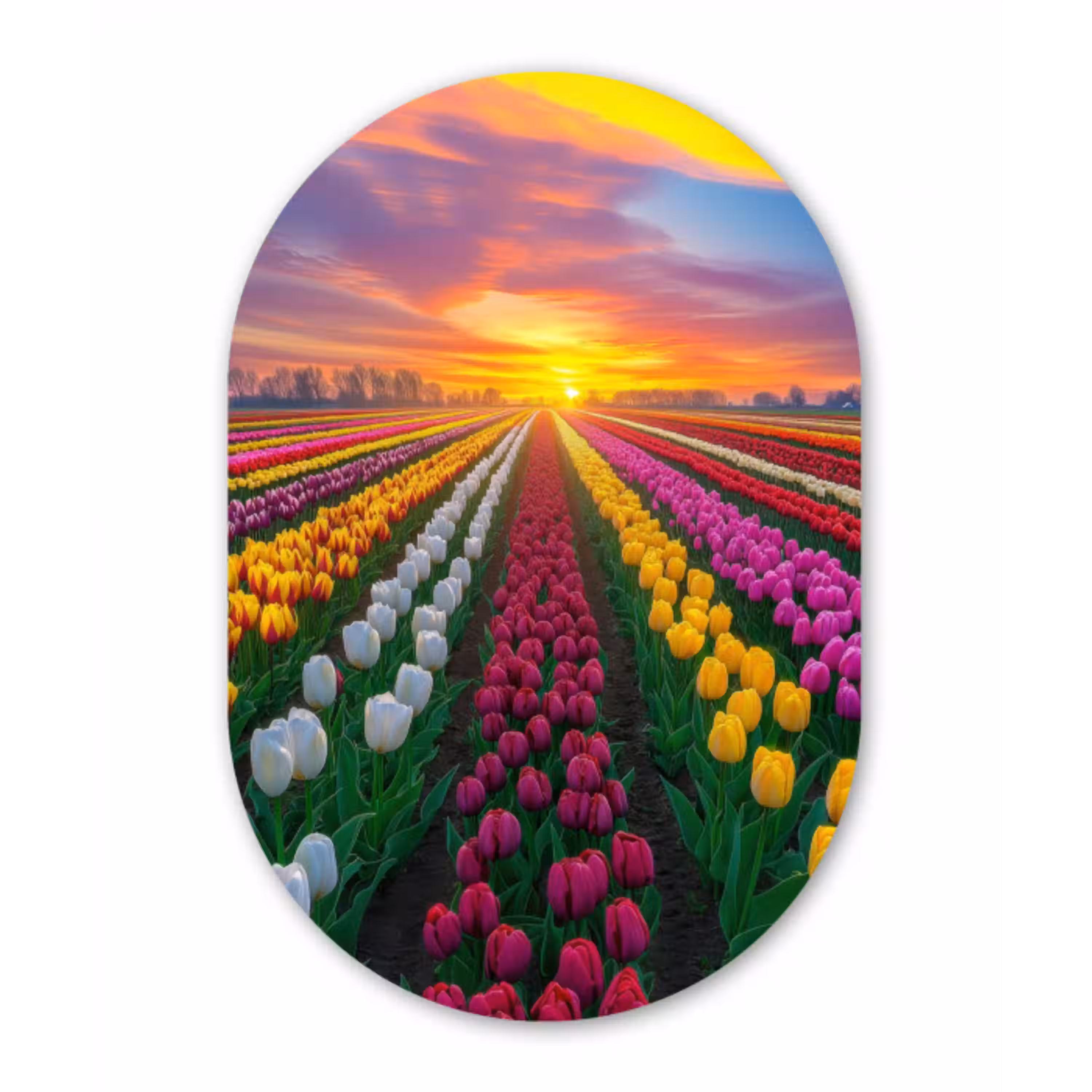 Tulpenveld - Zonsondergang - Kleurrijk Wandcirkel Ovaal Glas middel -3d
