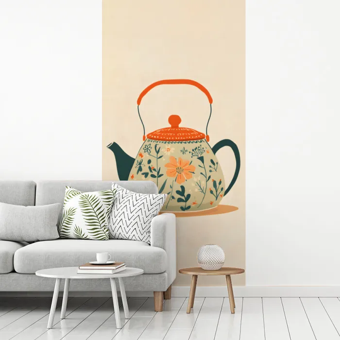 Oranje - Theepot - Bloemen - Bladeren fotobehang vinyl groot -woonkamer
