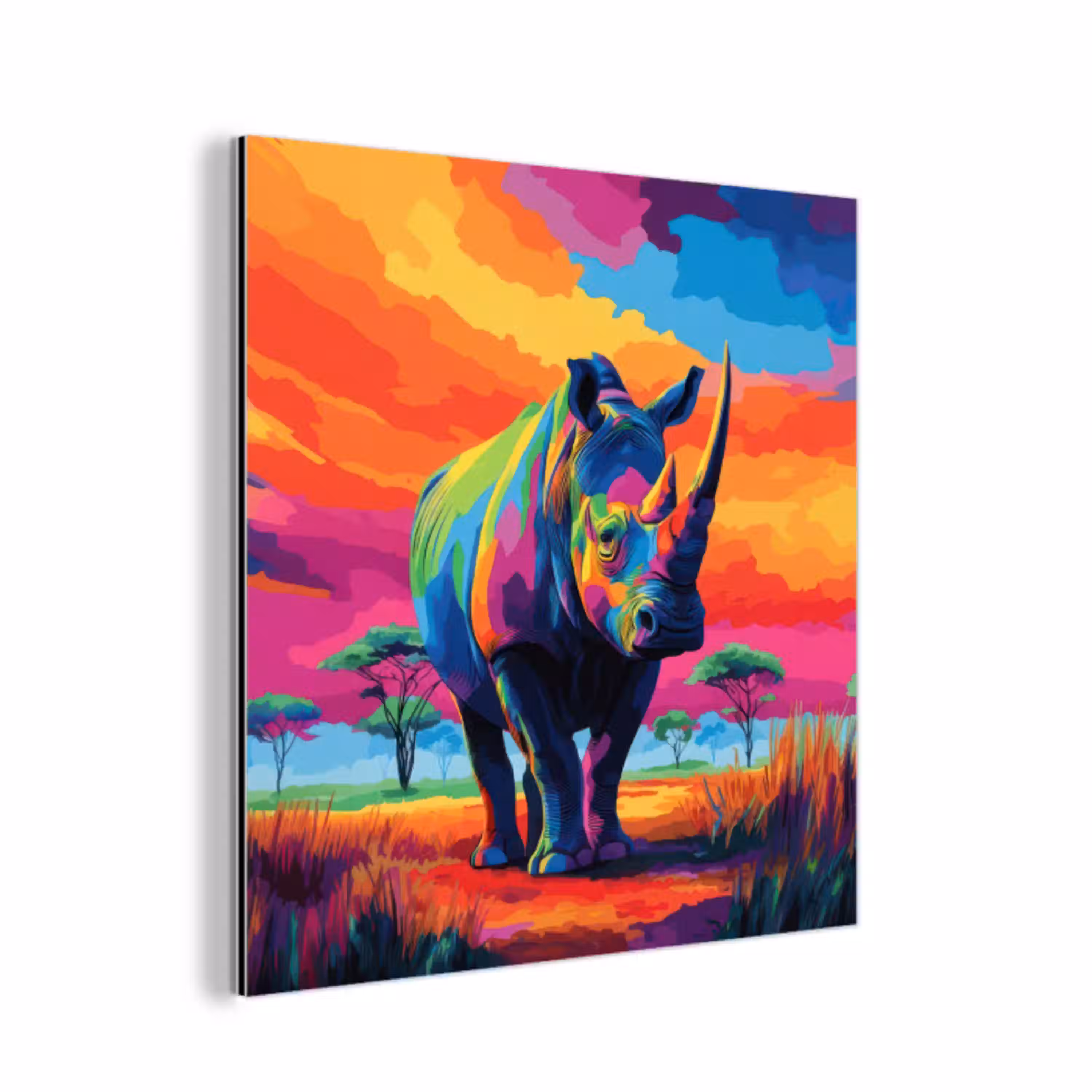 Neushoorn - Zonsondergang - Savanna - Kleurrijk aluminium wit klein -3d