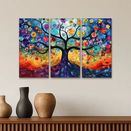 Kleurrijk - Levensboom - Bloemen - Abstract Canvas - Meerluiken 3 luik klein -sfeer3