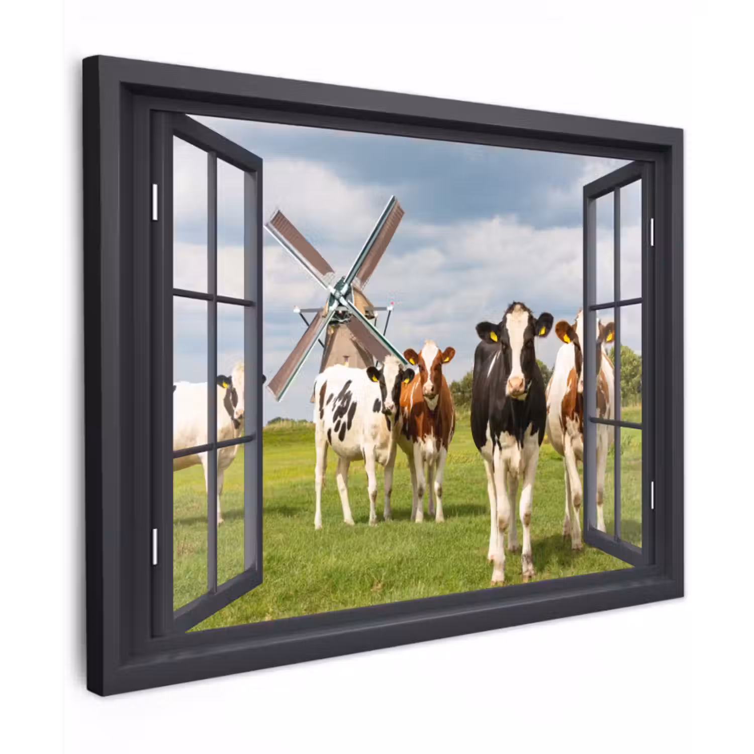 Canvas schilderij - Doorkijk - Koe - Molen - Koeien - Weiland - Gras - Groen