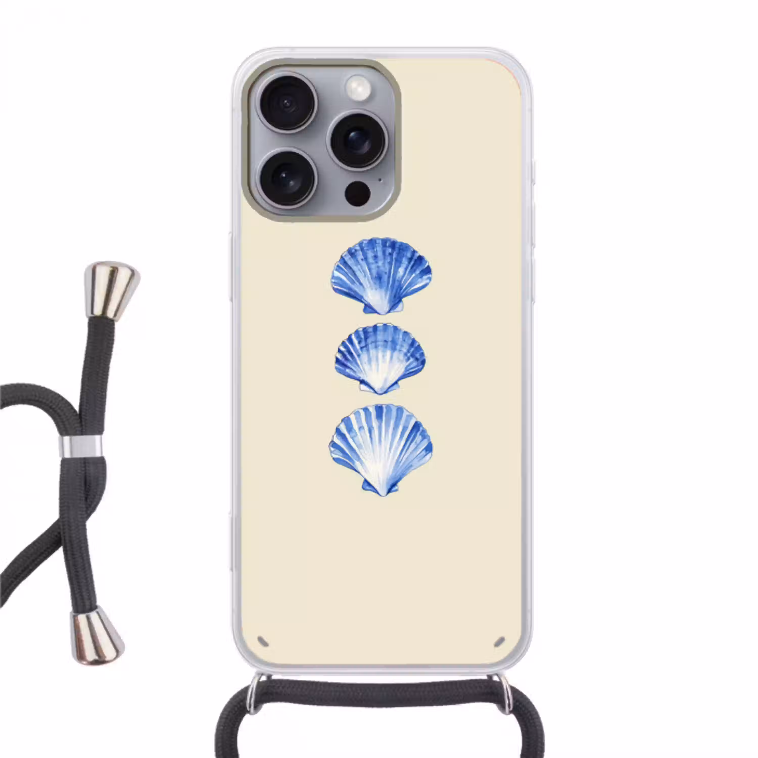 Schelpen - Blauw - Beige Hoesje iPhone 16 Pro Max met koord klein -3d