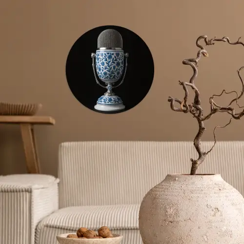 Microfoon - Delfts blauw - Muziek Wandcirkel behangsticker klein -sfeer1