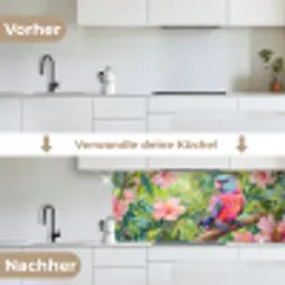 Papagaai - Hibiscusbloemen - Kleurrijk keuken achterwand 2 middel -voor-na_DE