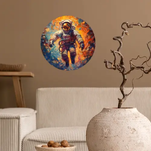 Astronaut - Neon - Oranje - Ruimte Wandcirkel behangsticker klein -sfeer1