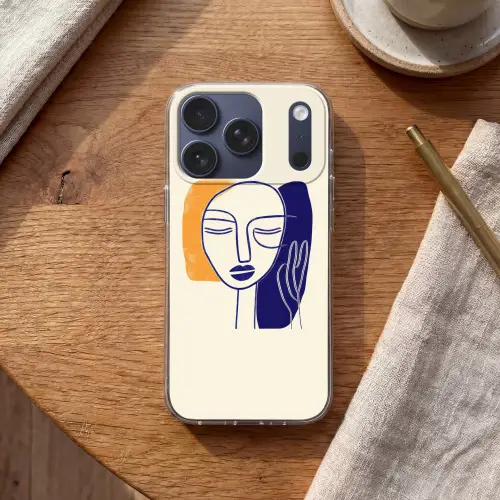 Minimalistisch - Gezicht - Hand - Oranje - Blauw Telefoonhoesje iPhone 17 Pro klein -sfeer1