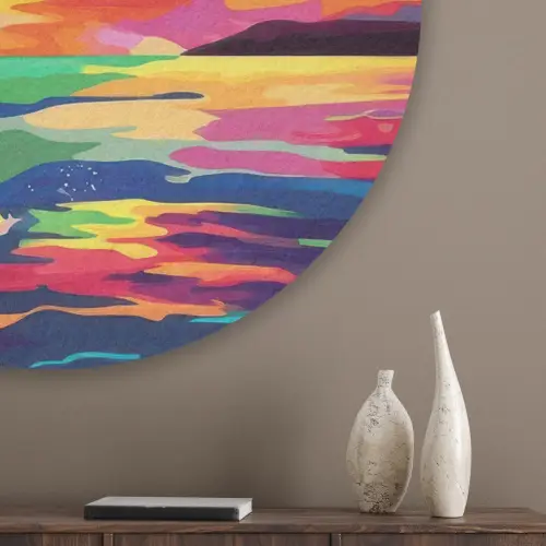 Zonsondergang - Walvis - Geschilderd - Kleurrijk Akoestische PET Vilt - Rond klein -sfeer5_closeup