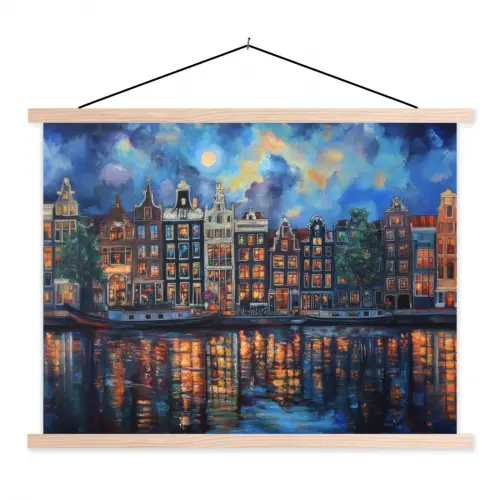 Grachten Amsterdam - Huizen - Stad - Kleurrijk textielposter latten blank klein -3d