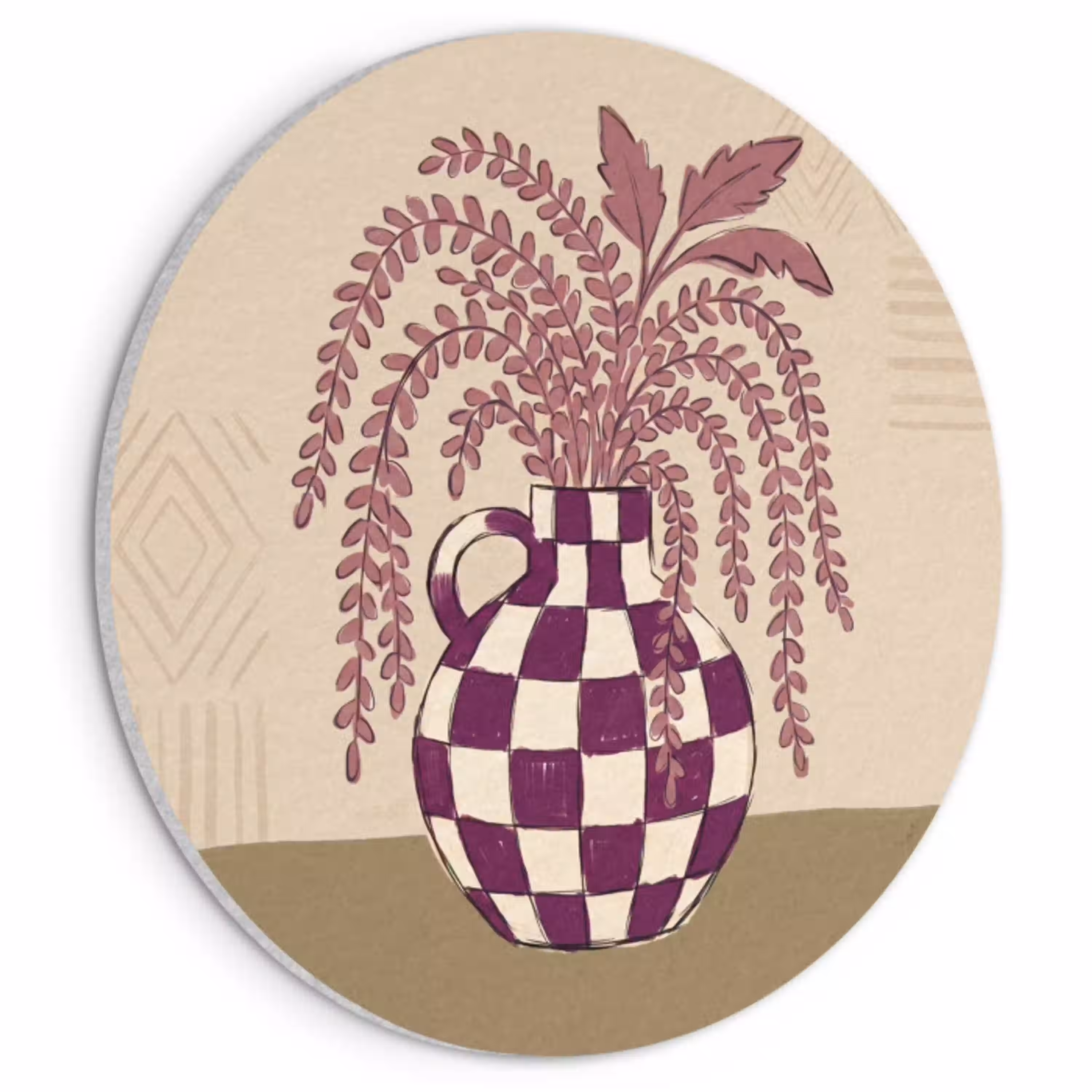Vaas - Geruit - Planten - Modern - Paars Akoestische PET Vilt - Rond klein -3d