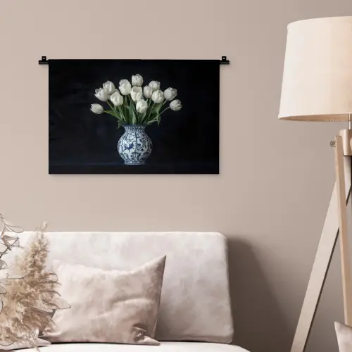 Wit - Bloemen - Tulpen - Vaas Wandkleed katoen klein -sfeer4