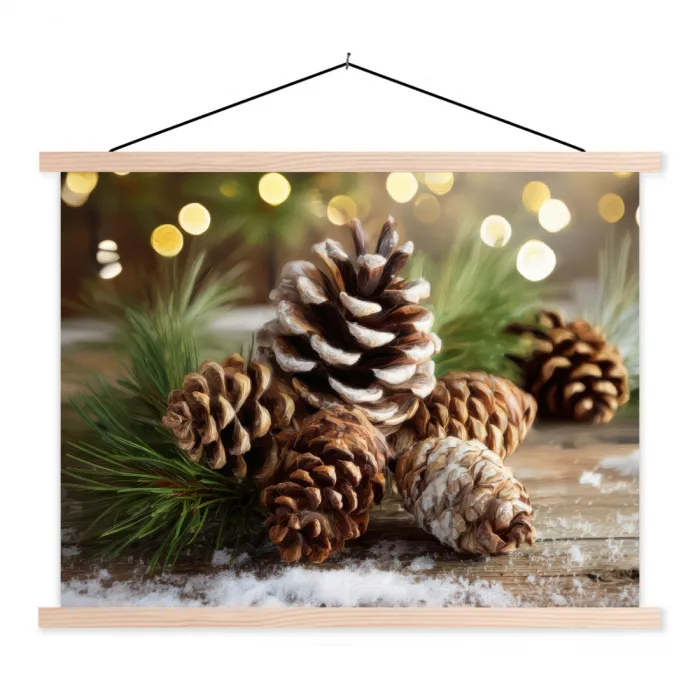 Dennenappels - Kerstsfeer - Bruin - Groen textielposter latten blank klein -3d