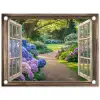 Doorkijk - Tuin - Raam - Hortensia - Bloemen tuinposter los doek klein -3d