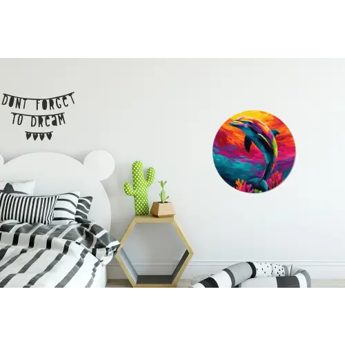 Dolfijn - Kleurrijk - Oceaan - Koraal Wandcirkel aluminium klein -kinderkamer