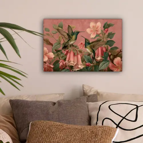 Kolibries - Bloemen - Groen - Roze canvas 2cm klein -sfeer1