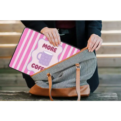 More coffee - Roze - Paars - Strepen - Mok laptophoes neopreen klein -tas