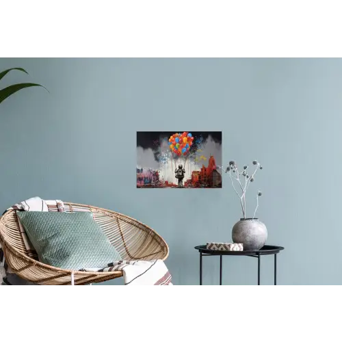 Jongen - Ballonnen - Gebouwen - Kunst Muursticker klein -plant