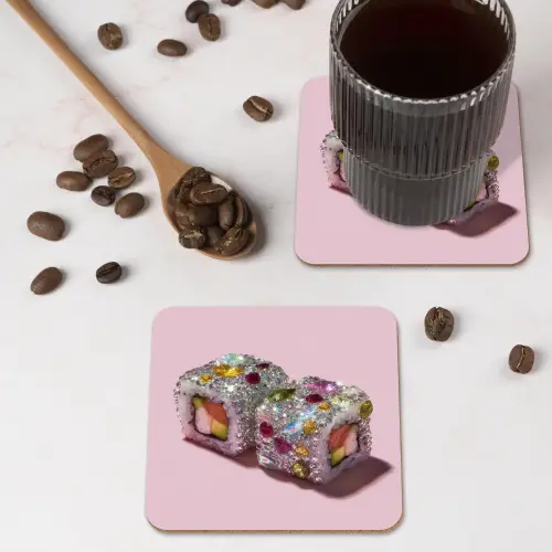 Sushi - Rolletjes - Steentjes - Kleurrijk onderzetter kurk middel -sfeer2