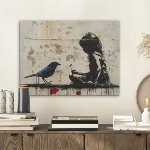 Street art - Meisje - Vogel - Graffiti - Banksy PET vilt klein -sfeer1