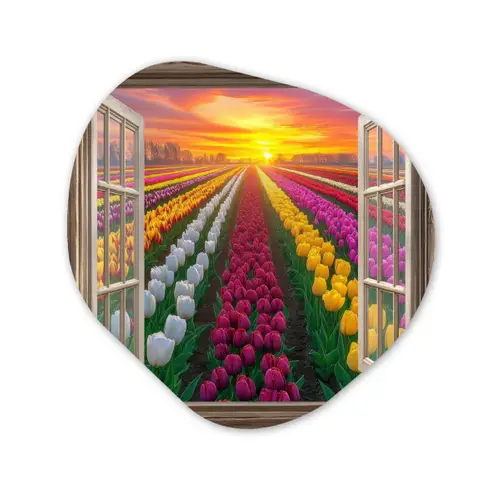 Doorkijk - Bloemen - Tulpen - Kleurrijk - Zonsondergang Wandcirkel Organisch Plexiglas middel -3d