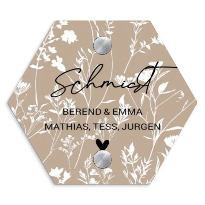 Beiges Blumenmuster - Elegant Naambord Hexagon klein -3d