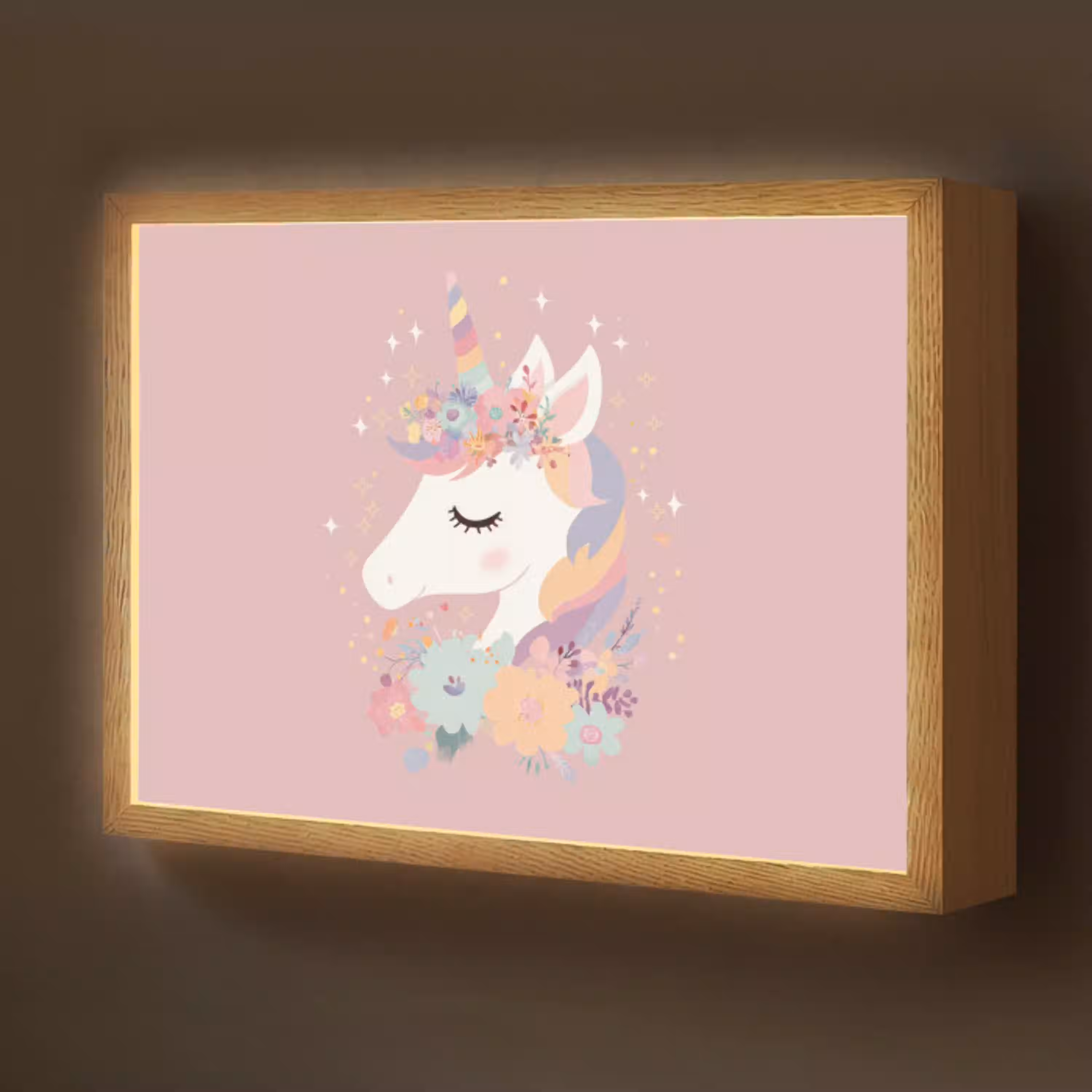 Eenhoorn - Roze - Bloemen Light Box met batterij (Wandlamp kind) middel -z3d_website