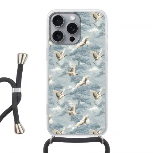 Wolken - Kraanvogels - Blauw Hoesje iPhone 16 Pro Max met koord klein 804 -3d