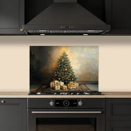Kerstboom - Cadeaus - Goud keuken achterwand spatscherm klein -sfeer1