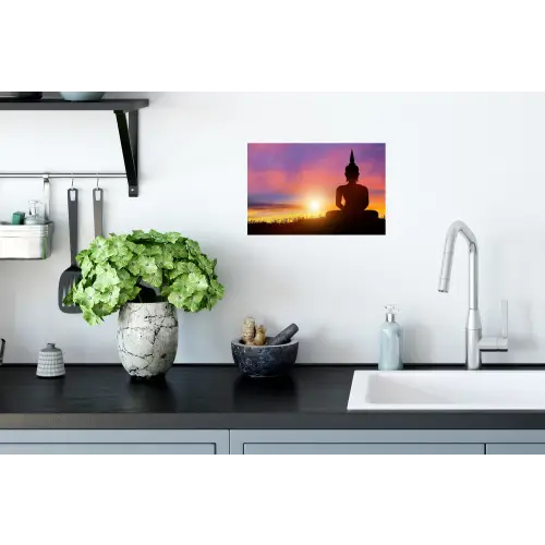 Zonsondergang - Horizon - Boeddha beeld - Buddha -  Silhouette Muursticker klein -keuken
