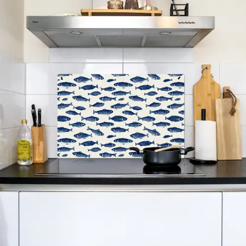 Vissen - Patroon - Blauw - Wit Inductie beschemer met haakjes klein 777 -sfeer2