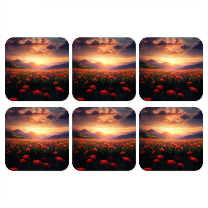 Landschap - Zonsondergang - Bloemenveld onderzetter kurk middel -3d