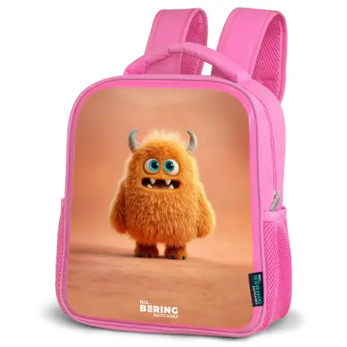 Oranje Pluizig Monster met Hoorns Kinderrugzak - Roze middel -schuin