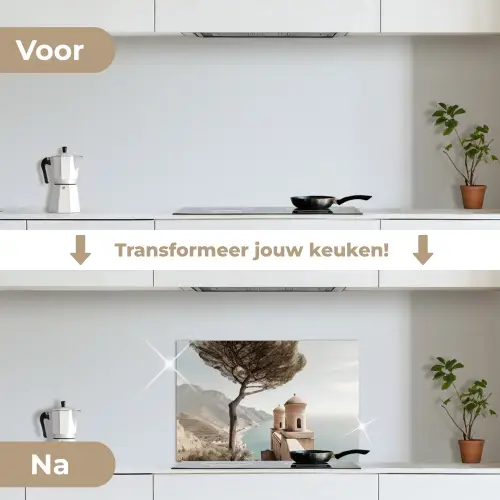 Kust - Klif - Boom - Gebouw keuken achterwand spatscherm klein -voor_na_NL